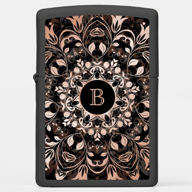 Rose Gold Black Floral Mandala Monogram Zippo Lighter (Front)