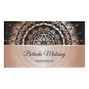 Rose Gold Black Floral Mandala Name Tag