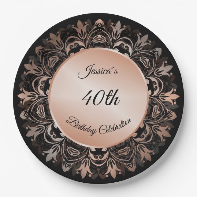 Rose Gold Black Floral Mandala Paper Plates (Front)