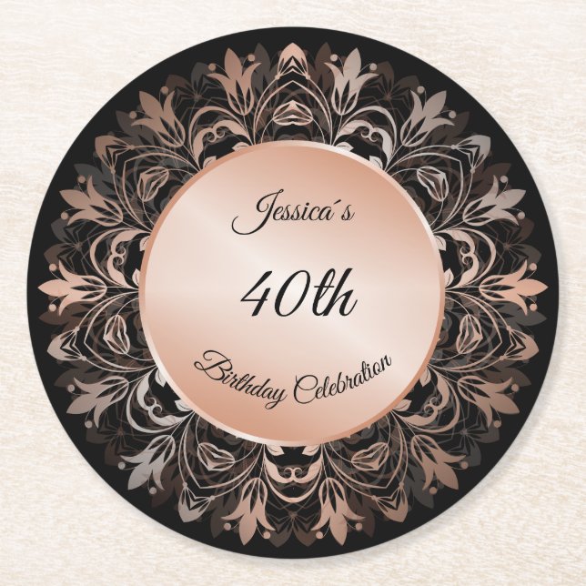 Rose Gold Black Floral Mandala  Round Paper Coaster (Front)