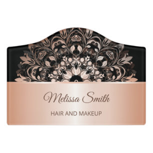 Rose Gold Black Floral Mandala Salon Door Sign