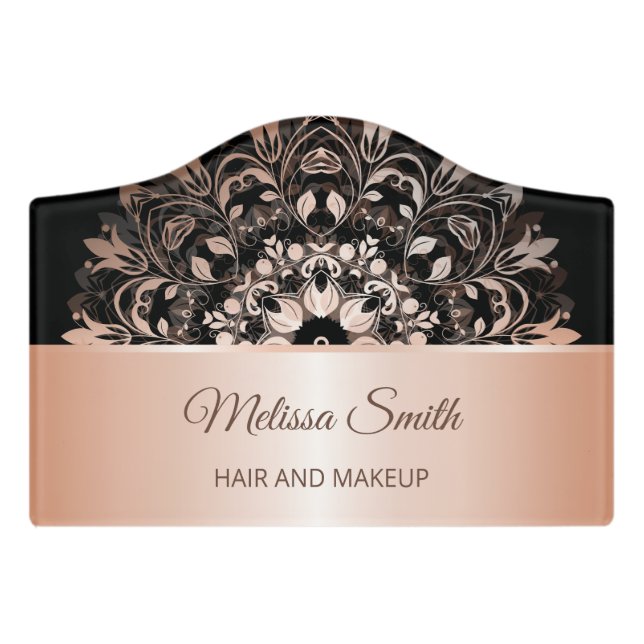 Rose Gold Black Floral Mandala Salon Door Sign (Small Crest Front)