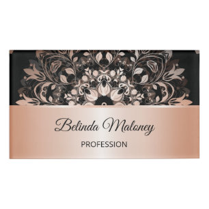 Rose Gold Black Floral Mandala Salon Name Tag