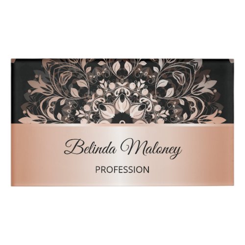 Rose Gold Black Floral Mandala Salon Name Tag