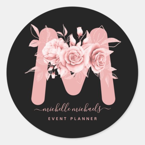 Rose Gold Black Floral Watercolor Monogram Classic Round Sticker