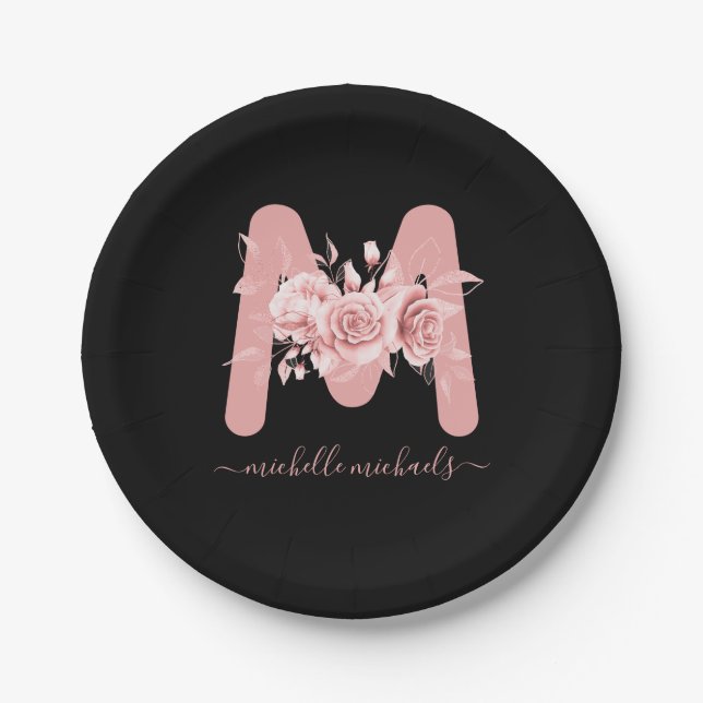 Rose Gold Black Floral Watercolor Monogram Paper Plates (Front)