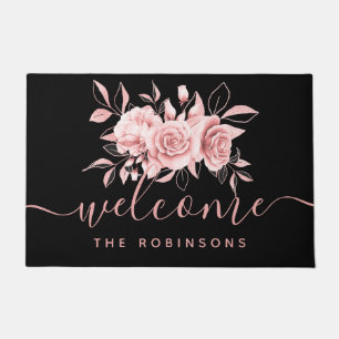 Rose Gold Black Floral Welcome Family Name Doormat