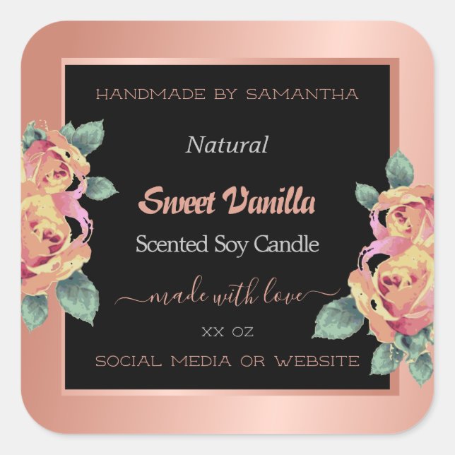 Rose Gold Black Flourish Product Packaging Labels (Front)
