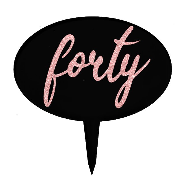 Rose Gold Black "Forty" 40 Birthday Party Glitter Cake Topper (Front)