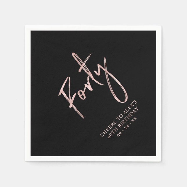 Rose Gold & Black Forty Adult 40th Birthday Party Napkins (Front)