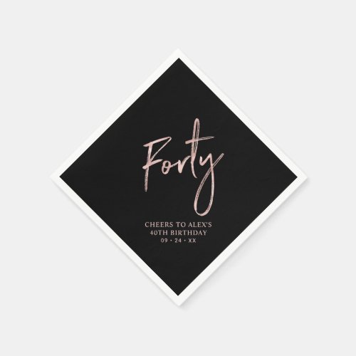 Rose Gold  Black Forty Adult 40th Birthday Party Napkins