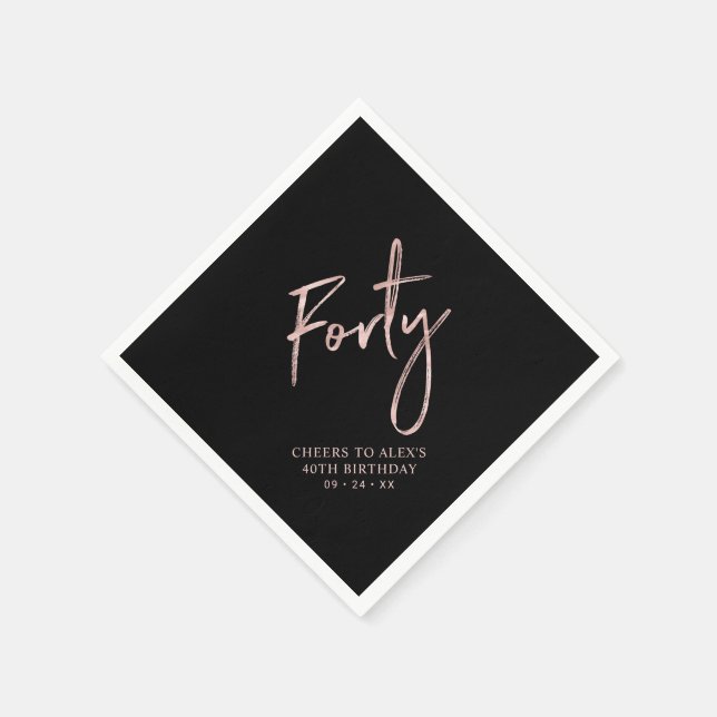 Rose Gold & Black Forty Adult 40th Birthday Party Napkins (Corner)