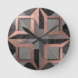 Rose Gold Black Geometric Marble Round Clock