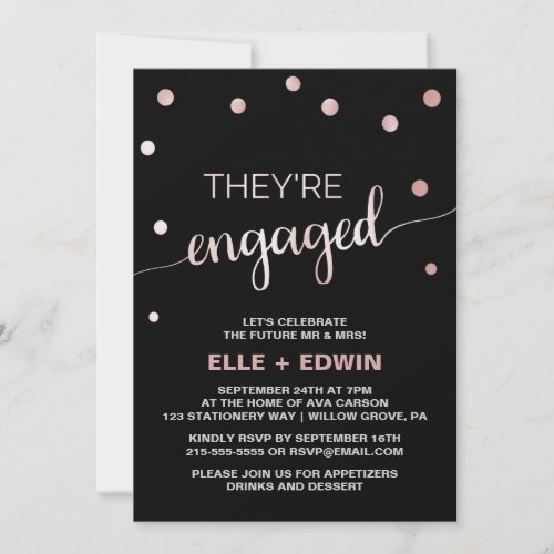 Rose Gold  Black Glam Confetti Engagement Party Invitation