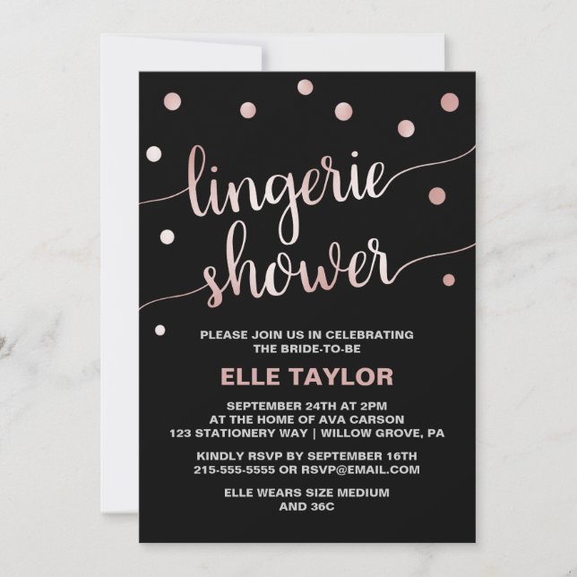 Rose Gold & Black Glam Confetti Lingerie Shower Invitation (Front)