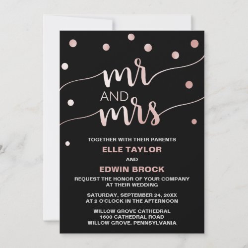 Rose Gold  Black Glam Confetti Mr and Mrs Wedding Invitation