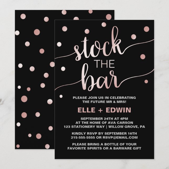 Rose Gold & Black Glam Confetti Stock the Bar Invitation (Front/Back)