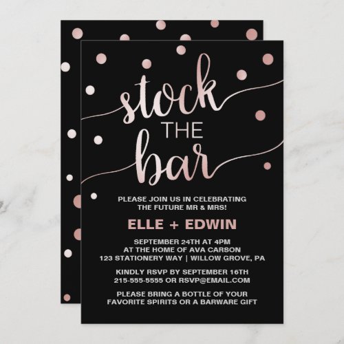 Rose Gold  Black Glam Confetti Stock the Bar Invitation