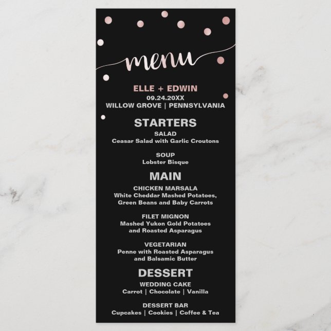 Rose Gold & Black Glam Confetti Wedding Menu Card (Front)