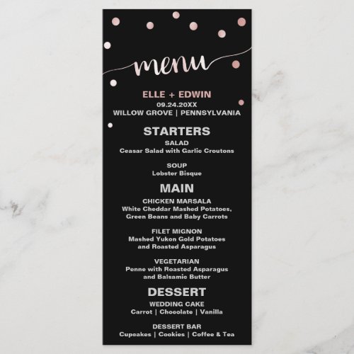 Rose Gold  Black Glam Confetti Wedding Menu Card