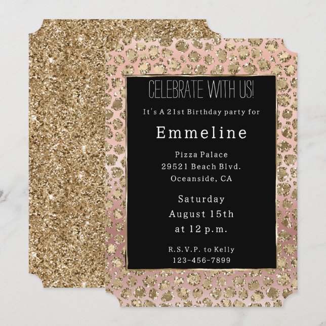 Rose Gold Black Glam Glitter Leopard Invitation (Front/Back)