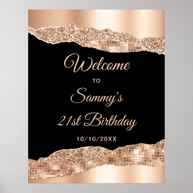 Rose Gold Black Glam Tears Birthday Welcome Poster (Front)