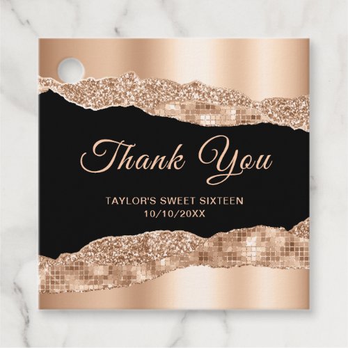 Rose Gold Black Glam Tears Sweet Sixteen Thank You Favor Tags