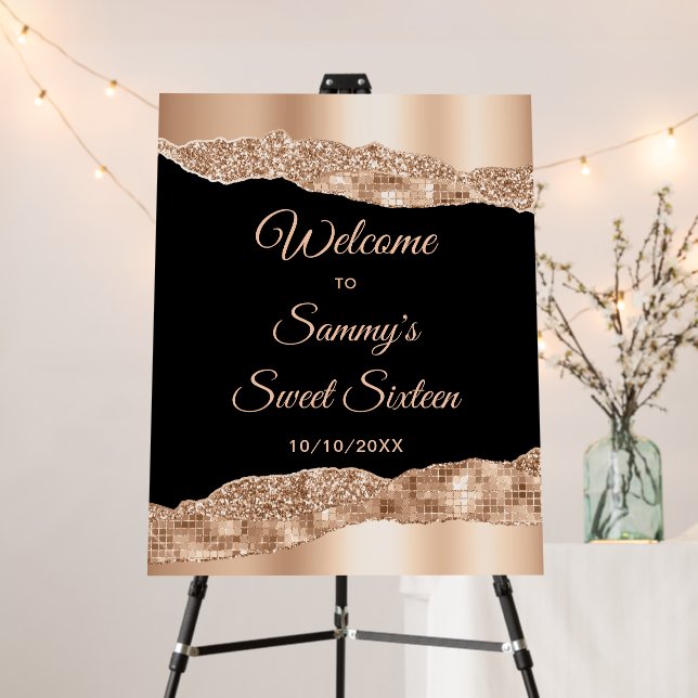 Rose Gold Black Glam Tears Sweet Sixteen Welcome Foam Board (In Situ (Stand))