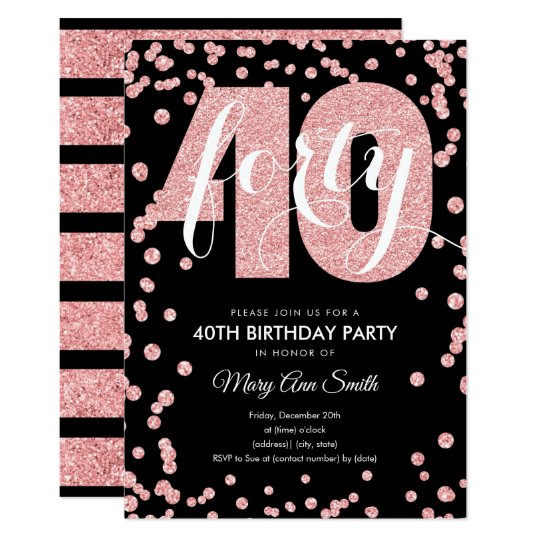 Rose Gold Black Glitter 40th Birthday Party Invitation | Zazzle.com