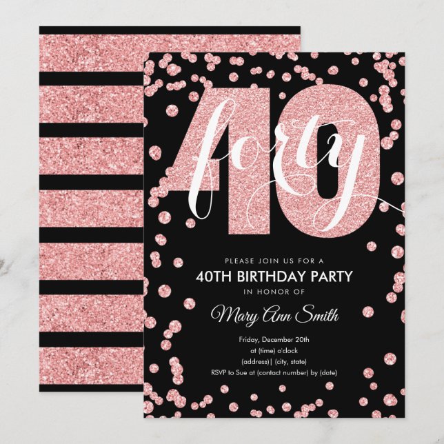 Rose Gold Black Glitter 40th Birthday Party Invitation (Front/Back)