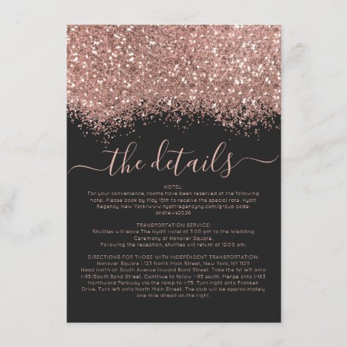 Rose Gold Black Glitter Confetti Wedding Details Enclosure Card