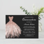 Rose Gold Black Glitter Dress Quinceanera Invitation (Standing Front)