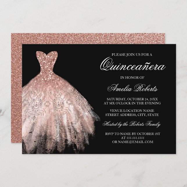 Rose Gold Black Glitter Dress Quinceanera Invitation (Front/Back)