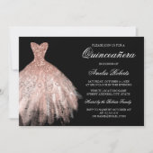 Rose Gold Black Glitter Dress Quinceanera Invitation (Front)