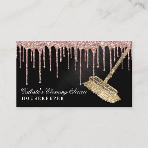 Rose Gold Black Glitter Drips Cleaning Service Business Card