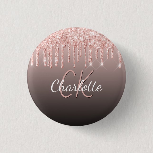 Rose gold black glitter drips custom monogram name button (Front)