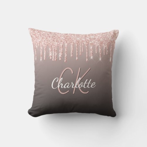 Rose gold black glitter drips custom monogram name outdoor pillow