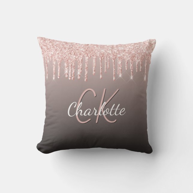 Rose gold black glitter drips custom monogram name outdoor pillow (Front)