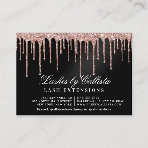 Rose Gold Black Glitter Drips Lashes Aftercare Business Card