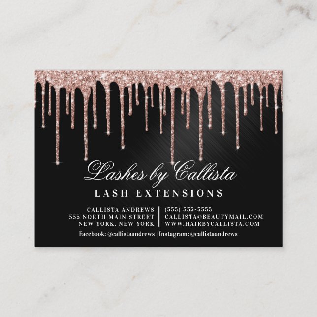 Rose Gold Black Glitter Drips Lashes Aftercare Business Card (Front)