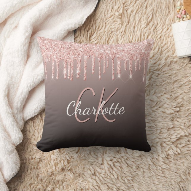 Rose gold black glitter drips monogram name throw pillow (Blanket)