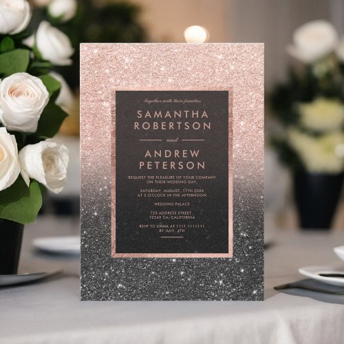 Rose gold black glitter frame ombre wedding invitation