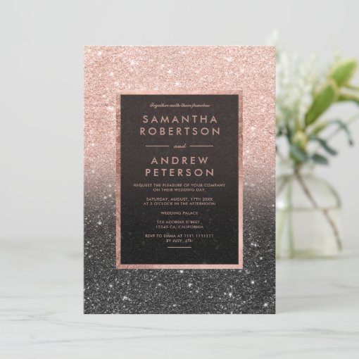 Rose gold black glitter frame ombre wedding invitation | Zazzle