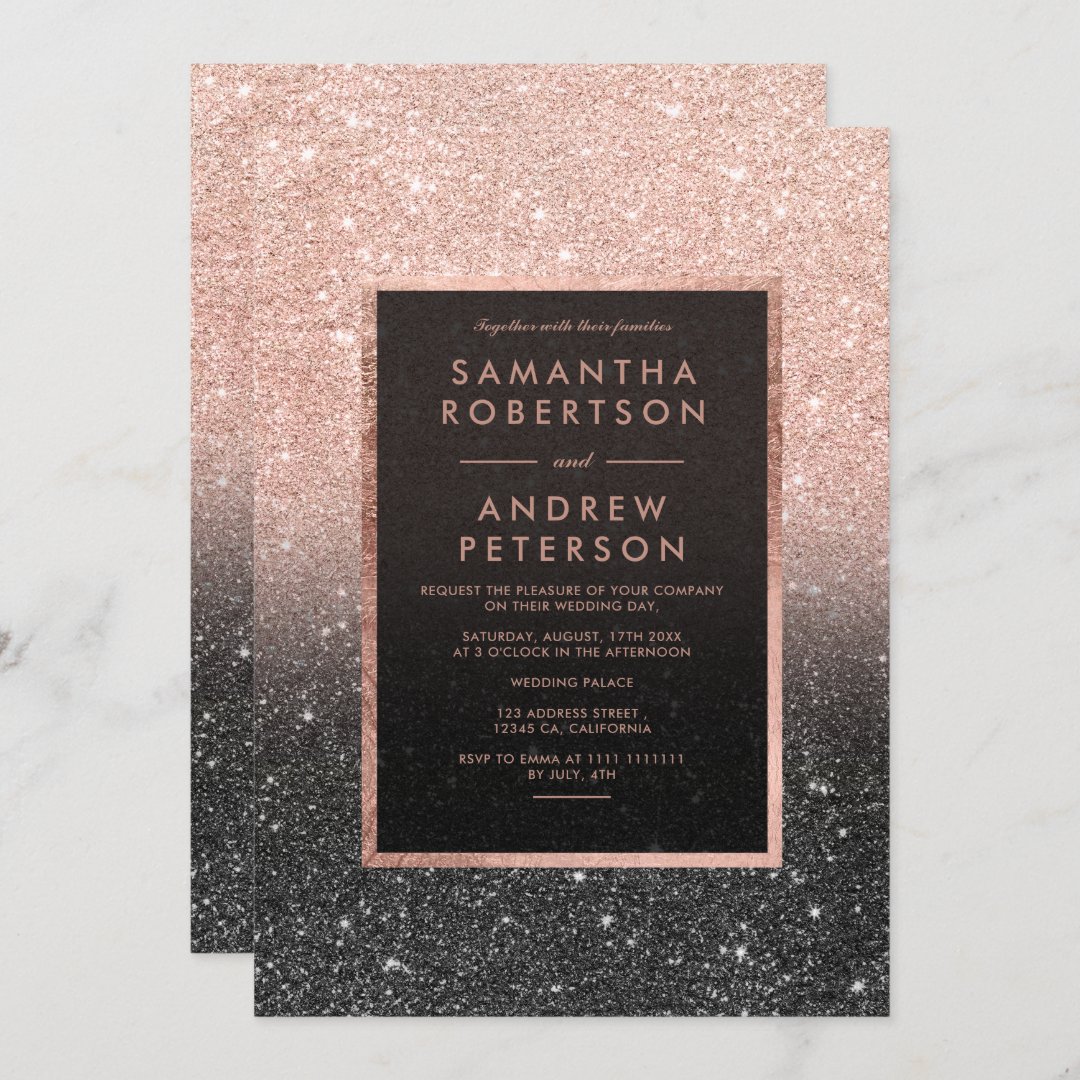 Rose gold black glitter frame ombre wedding invitation | Zazzle