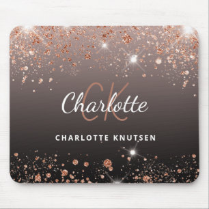 Rose gold black glitter monogram initails name mouse pad