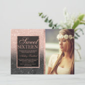 Rose gold black glitter ombre photo Sweet SIxteen Invitation (Standing Front)