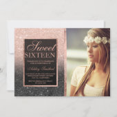 Rose gold black glitter ombre photo Sweet SIxteen Invitation (Front)