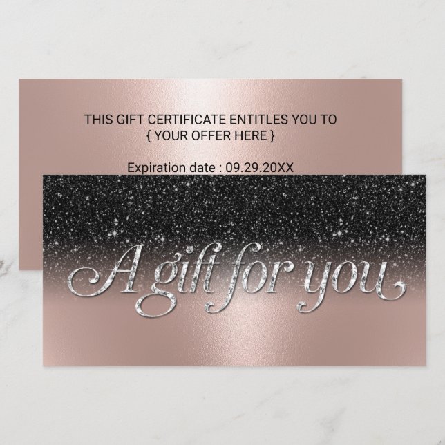 Rose Gold Black Glitter Salon Spa Gift Certificate (Front/Back)