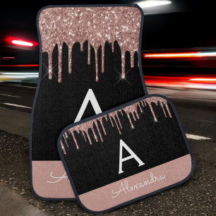Rose Gold Black Glitter Sparkle Monogram Car Floor Mat