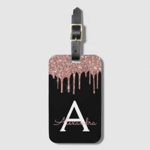 Rose Gold Black Glitter Sparkle Monogram Luggage Tag